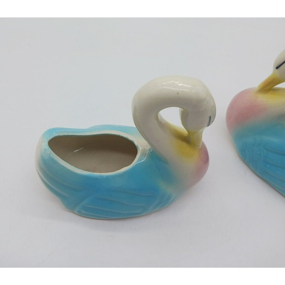 Lovely MCM Pair Set 2 Swan Planters Yellow Blue Pink Ceramic Mid Century Vintage - Picture 10 of 13